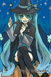 Rule 34 | 1girl, aqua hair, halloween, happy halloween, hat, hatsune miku, long hair, solo, thighhighs, twintails, very long hair, vocaloid, wand, witch hat