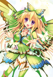 Rule 34 | 1girl, armor, blonde hair, blush, bow, breasts, bug, butterfly, butterfly (armor), butterfly wings, capcom, cleavage, dress, fairy, hair ornament, hairband, insect, insect wings, kizuki erika, large breasts, long hair, monster hunter, monster hunter (series), monster hunter portable 3rd, multicolored clothes, multicolored dress, open mouth, purple eyes, red eyes, rhopessa (armor), ribbon, simple background, skirt, smile, solo, thighhighs, white background, wings