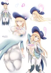 Rule 34 | absurdres, androgynous, ass, ass grab, blonde hair, blue eyes, blue hat, breasts, cape, chevalier d&#039;eon (fate), dual persona, fate/grand order, fate (series), feathers, frilled sleeves, frills, gender request, genderswap, genderswap (mtf), gloves, grabbing own ass, half gloves, hat, hat feather, highres, i.f.s.f, long hair, mars symbol, multiple views, pantyhose, pink feather, pink feathers, ponytail, short hair, simple background, tears, torn clothes, venus symbol, white background, white gloves, white legwear, wince
