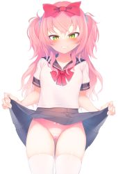 Rule 34 | 1girl, blush, bow, breasts, clothes lift, green eyes, grin, hair bow, highres, lifted by self, looking at viewer, original, otokuyou, panties, pink hair, pink panties, pleated skirt, school uniform, serafuku, simple background, skirt, skirt lift, smile, solo, thighhighs, two side up, underwear, white background, white thighhighs