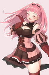 Rule 34 | 1girl, ;d, absurdres, bare shoulders, breasts, cleavage, commentary request, corset, detached sleeves, dress, earrings, female focus, fire emblem, fire emblem: three houses, gloves, hand up, highres, hilda valentine goneril, hoop earrings, jewelry, large breasts, long hair, matching hair/eyes, nintendo, nokino (nokinokin0), one eye closed, open mouth, partial commentary, pink background, pink dress, pink eyes, pink hair, puffy sleeves, red gloves, smile, solo, standing, thighhighs, thighs, very long hair, wink