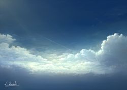 Rule 34 | alu.m (alpcmas), bird, blue sky, cloud, cloudy sky, contrail, no humans, original, scenery, signature, sky, sunlight