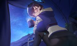 Rule 34 | 1girl, ass, black hair, blue archive, blush, breasts, chihiro (blue archive), chihiro (camp) (blue archive), cup, glasses, green eyes, halo, highres, jacket, large breasts, long sleeves, looking at viewer, looking back, night, night sky, short hair, sitting, sky, smile, solo, tent, xiujia yihuizi