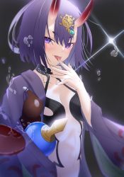 Rule 34 | 1girl, bad id, bad pixiv id, blush, bob cut, breasts, cup, eyeliner, fate/grand order, fate (series), gourd, headpiece, highres, horns, japanese clothes, kimono, looking at viewer, makeup, oni, open clothes, open kimono, purple eyes, purple hair, purple kimono, revealing clothes, sakazuki, short hair, shuten douji (fate), skin-covered horns, small breasts, smile, tongue, tongue out, yamada (yamadadesuyo212)