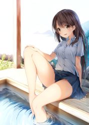 Rule 34 | 1girl, :d, absurdres, arm support, bare legs, barefoot, blue skirt, blush, breasts, brown eyes, brown hair, collarbone, collared shirt, day, dress shirt, forest, grass, grey shirt, hair between eyes, hand on own knee, highres, knee up, lens flare, long hair, long sleeves, looking at viewer, miniskirt, mountain, nature, nyum, ocean, open mouth, original, outdoors, partially submerged, plant, pleated skirt, reclining, rock, school uniform, shirt, sitting, skirt, sky, small breasts, smile, soaking feet, solo, tree, water