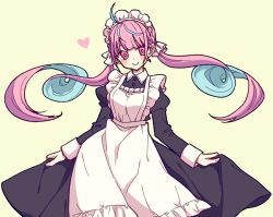Rule 34 | 1girl, ahoge, alternate costume, apron, blue hair, blunt bangs, blush, braid, colored inner hair, commentary request, crown braid, enmaided, frills, hair ribbon, heart, hololive, juliet sleeves, long hair, long sleeves, looking at viewer, maid, maid apron, maid headdress, minato aqua, multicolored hair, petit ramune, pink eyes, pink hair, puffy sleeves, ribbon, simple background, skirt hold, smile, solo, twintails, two-tone hair, virtual youtuber, white ribbon, yellow background