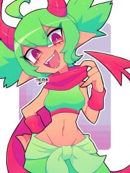 Rule 34 | 1girl, breasts, crop top, demon girl, demon horns, demon tail, fangs, green hair, green shirt, green skirt, hand on own hip, horns, long hair, looking at viewer, midriff, navel, open mouth, pointy ears, purple background, red eyes, red scarf, scarf, shirt, skirt, small breasts, smile, sprayjea, standing, tail, twintails, two-tone background, white background, wristband