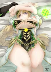 Rule 34 | 1girl, arms up, bikini, bikini pull, bikini top only, blonde hair, blush, braid, breasts, closed mouth, clothes pull, demeter (fate), dress, fate/grand order, fate (series), gie (gienara), green bikini, green dress, head wreath, large breasts, long hair, looking at viewer, lying, nipples, on back, one breast out, short dress, short sleeves, single braid, solo, swimsuit, thighs, very long hair