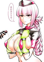 Rule 34 | 1girl, after paizuri, bikini, blush, breasts, craft essence (fate), cum, cum on body, cum on breasts, cum on upper body, fate/grand order, fate (series), florence nightingale (fate), florence nightingale (trick or treatment) (fate), gloves, green gloves, hair ribbon, hat, kanno takanori, large breasts, long hair, looking at viewer, navel, official alternate costume, parted lips, penis, pink hair, red eyes, revealing clothes, ribbon, shrug (clothing), speech bubble, stomach, swimsuit, translation request, upper body