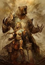 Rule 34 | 1girl, abs, armor, bear, breasts, chain, concept art, fantasy, guild wars (series), guild wars 1, jora, kekai kotaki, large breasts, norn, sword, weapon