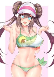 Rule 34 | 1girl, animal print, bare shoulders, bikini, blue eyes, blush, border, breasts, brown hair, cleavage, collarbone, commentary request, creatures (company), double bun, game freak, gen 5 pokemon, green bikini, hair bun, heart, highres, large breasts, long hair, looking at viewer, navel, nintendo, open mouth, pink background, pokemon, pokemon (creature), pokemon bw2, pokemon masters ex, rosa (pokemon), sankakusui, simple background, smile, snivy, solo, sparkling eyes, swimsuit, thighs, twintails, visor cap, white border