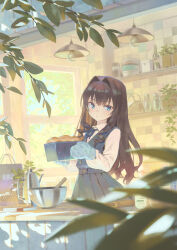 Rule 34 | 1girl, absurdres, blue dress, blue eyes, blue ribbon, blurry, blurry foreground, brown hair, closed mouth, collared shirt, commentary request, day, ddal, depth of field, dress, elisia valfelto, food, hair intakes, highres, holding, indoors, long hair, long sleeves, looking at viewer, neck ribbon, original, oven mitts, pinafore dress, pleated dress, puffy long sleeves, puffy sleeves, ribbon, shirt, sleeveless, sleeveless dress, solo, tile wall, tiles, very long hair, white shirt