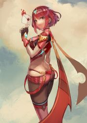 Rule 34 | 1girl, absurdres, ass, black gloves, bob cut, breasts, chest jewel, closed mouth, duplicate, earrings, fingerless gloves, fire, gem, gloves, headpiece, highres, jewelry, large breasts, looking at viewer, nintendo, pantyhose, pantyhose under shorts, pyra (xenoblade), red eyes, red hair, red shorts, short hair, short shorts, shorts, smash invitation, smile, solo, super smash bros., suru (seiya), swept bangs, thighhighs, tiara, xenoblade chronicles (series), xenoblade chronicles 2