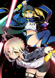 Rule 34 | absurdres, artoria pendragon (fate), bike shorts, black background, braid, buruma, chestnut mouth, commentary request, energy sword, excalibur (fate/stay night), fate/grand order, fate (series), hair bun, hat, highres, medium hair, multiple girls, mysterious heroine x (fate), mysterious heroine x alter (fate), mysterious heroine x alter (second ascension) (fate), namonashi, navel, pixiv fate/grand order contest 2, simple background, single hair bun, stomach, sword, thighhighs, thighs, weapon