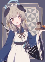 Rule 34 | + +, 1girl, animal ears, bad id, bad twitter id, blue archive, blue eyes, blush, cup, food, grey hair, gun, halo, highres, looking at viewer, maid, medium hair, open mouth, red eyes, rifle, siha048, simple background, solo, tray, umika (blue archive), wa maid, weapon