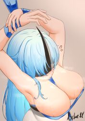 Rule 34 | 1girl, absurdres, alsace (azur lane), armpits, arms up, azur lane, bare shoulders, belt, between breasts, black belt, blue hair, blush, bound, bound wrists, breast strap, breastless clothes, breasts, cleavage, commentary, covered erect nipples, cowboy shot, dress, eye mask, flying sweatdrops, from above, heavy breathing, highres, large breasts, long hair, lychee 88, open mouth, parted bangs, ribbon, sidelocks, signature, simple background, solo, standing, strap between breasts, strapless, strapless dress, sweat, underbust, very long hair, white dress