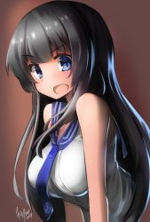 Rule 34 | 1girl, agano (kancolle), bare arms, bare shoulders, black hair, blue eyes, blue sailor collar, blunt bangs, blush, breasts, brown background, kantai collection, large breasts, leaning forward, long hair, looking at viewer, necktie, open mouth, sailor collar, shirt, sleeveless, straight hair, tilt-shift (azalanz), upper body, v-shaped eyebrows, white shirt