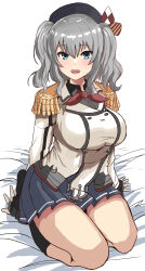 Rule 34 | 1girl, beret, blanket, blue eyes, blush, breasts, buttons, epaulettes, frilled sleeves, frills, gloves, grey hair, grey skirt, hat, highres, jacket, kantai collection, kashima (kancolle), large breasts, long hair, long sleeves, looking at viewer, military, military jacket, military uniform, neckerchief, open mouth, pleated skirt, red neckerchief, sitting, skirt, smile, solo, suberaku, twintails, uniform, wavy hair, white gloves, white jacket