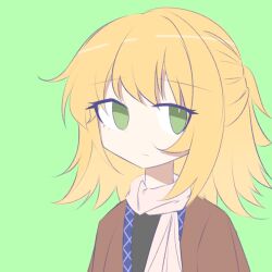 Rule 34 | 1girl, amorinco, black shirt, blonde hair, brown jacket, closed mouth, green background, green eyes, jacket, medium hair, mizuhashi parsee, no nose, open clothes, open jacket, portrait, scarf, shirt, simple background, solo, touhou, white scarf