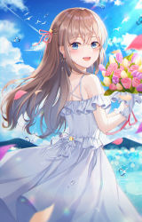 Rule 34 | 1girl, :d, absurdres, bird, blue eyes, blue sky, blurry, blurry foreground, bouquet, brown hair, cloud, commentary request, contrail, cowboy shot, crossed bangs, dress, earrings, facing to the side, flower, highres, huge filesize, jewelry, korean commentary, long hair, looking at viewer, looking back, mountain, ocean, off-shoulder dress, off shoulder, open mouth, petals, pink flower, purple flower, purple tulip, seagull, sidelocks, sky, smile, sparkle, tulip, water, water drop, white dress, yellow flower, yulha 06