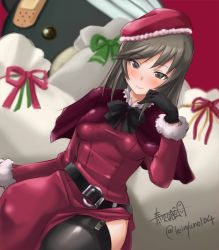 Rule 34 | 10s, 1girl, artist name, bad id, bad twitter id, bag, bandages, bandaid, belt, black bow, black gloves, black thighhighs, blush, boko (girls und panzer), bow, christmas, closed mouth, dress, dutch angle, garter straps, girls und panzer, gloves, haruhata mutsuki, hat, light smile, long dress, long hair, long sleeves, looking at viewer, mature female, oversized object, red dress, red hat, santa costume, santa hat, shimada chiyo, side slit, signature, sitting, solo, stuffed animal, stuffed toy, teddy bear, thighhighs, twitter username