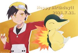 Rule 34 | 1boy, backwards hat, baseball cap, black hair, black shirt, commentary request, creatures (company), cyndaquil, dated, ethan (pokemon), game freak, gen 2 pokemon, goggles, goggles on headwear, grin, happy birthday, hat, highres, holding, holding poke ball, jacket, looking at viewer, male focus, nintendo, osigatoutoi tou, outstretched arm, poke ball, poke ball (basic), pokemon, pokemon (creature), pokemon adventures, red jacket, shirt, short hair, smile, twitter username, upper body, yellow eyes
