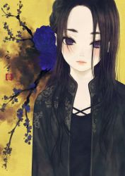 Rule 34 | 1girl, black hair, black jacket, black shirt, blue flower, blue rose, braid, braided bun, branch, closed mouth, commentary request, expressionless, floral print, flower, hair bun, highres, jacket, long hair, looking at viewer, open clothes, open jacket, original, parted hair, purple eyes, rose, seal impression, shirt, signature, silk, solo, straight hair, upper body, ushiyama ame, yellow background