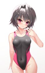Rule 34 | 1girl, 9-nine-, absurdres, black hair, black one-piece swimsuit, breasts, collarbone, competition swimsuit, covered navel, hair intakes, highleg, highleg swimsuit, highres, looking at viewer, ncontrail (mgax7527), one-piece swimsuit, red eyes, short hair, simple background, small breasts, solo, swimsuit, white background, yuuki noa