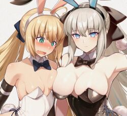 Rule 34 | 2girls, ahoge, animal ears, arm up, armpits, artoria caster (fate), artoria pendragon (fate), asymmetrical docking, bare shoulders, black bow, black bowtie, black gloves, black leotard, blonde hair, blue bow, blue bowtie, blue eyes, blush, bow, bowtie, braid, breast envy, breast press, breasts, cleavage, closed mouth, cluseller, collar, detached collar, elbow gloves, fake animal ears, fake tail, fang, fate/grand order, fate (series), gloves, green eyes, grey hair, hair bow, large breasts, leotard, long hair, looking at another, looking at breasts, looking at viewer, morgan le fay (fate), multiple girls, open mouth, pale skin, playboy bunny, rabbit ears, rabbit tail, siblings, sisters, skin fang, small breasts, smile, swimsuit, tail, tearing up, twintails, very long hair, white background, white collar, white leotard