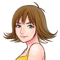 Rule 34 | 1girl, breasts, brown hair, closed mouth, final fantasy, final fantasy viii, flipped hair, green eyes, inai kaoru, looking at viewer, selphie tilmitt, short hair, simple background, smile, solo, white background