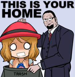 Rule 34 | 1boy, 1girl, bad proportions, beard, black-framed eyewear, black hair, black jacket, black pants, black suit, blouse, blue background, blue ribbon, brown hair, buttoned cuffs, buttons, chibi, child, collared shirt, cowboy shot, creatures (company), facial hair, formal, game freak, glasses, hat, holding, imageboard colors, in container, jacket, long sleeves, looking at viewer, meme, neck ribbon, necktie, nintendo, o o, pants, penn jillette, pokemon, pokemon (anime), pokemon xy (anime), real life, rectangular mouth, red hat, red necktie, ribbon, serena (pokemon), shirt, short hair, short sleeves, simple background, smirk, smug, square mouth, suit, text focus, this is your home, trash can, white shirt, wing collar