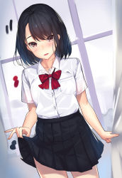 Rule 34 | 1girl, :d, asymmetrical bangs, black hair, black skirt, blush, bow, breast pocket, collarbone, collared shirt, color guide, cowboy shot, curtains, dress shirt, dutch angle, highres, indoors, kagematsuri, looking at viewer, open mouth, original, pleated skirt, pocket, red bow, red eyes, school uniform, shirt, shirt tucked in, short sleeves, skirt, skirt hold, smile, solo, standing, tsurime, white shirt, window, wing collar