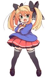 Rule 34 | 1girl, black bow, black footwear, black thighhighs, blonde hair, blue shirt, bow, bowtie, commentary request, crayon tulip, crossed arms, fang, full body, green eyes, hair bow, highres, karasuma kuina, long hair, long sleeves, looking at viewer, mota, open mouth, pleated skirt, red skirt, shirt, shoes, simple background, skin fang, skirt, solo, sweat, thighhighs, twintails, white background, wide sleeves, yellow bow, yellow bowtie, zettai ryouiki