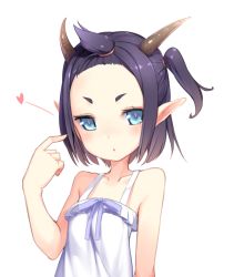 Rule 34 | 1girl, :o, black hair, blue eyes, blush, blvefo9, high ponytail, horns, original, pointing, pointing at self, pointy ears, short hair, side ponytail, simple background, solo, white background