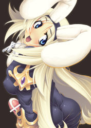 Rule 34 | 1girl, :d, animal ears, ass, blonde hair, blue eyes, breasts, censored, covered erect nipples, cross, erection, from behind, futanari, habit, jewelry, large breasts, latin cross, long hair, necklace, nun, open mouth, panties, penis, priest, priest (ragnarok online), priestess, rabbit ears, ragnarok online, smile, solo, tight clothes, underwear, white panties, yn red