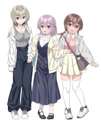 3girls :d bag belt black_belt black_dress black_eyes black_footwear black_pants blue_eyes breasts brown_hair cleavage closed_mouth collarbone collared_shirt dress full_body grey_jacket grey_tank_top highres hood hooded_jacket jacket light_brown_hair long_sleeves mori_ayumi multiple_girls open_clothes open_jacket open_mouth open_shirt oribe_arata original pants pink_shirt purple_eyes purple_hair shirt shoes short_hair simple_background skirt smile sneakers standing tank_top teeth thighhighs tongue upper_teeth_only white_background white_footwear white_shirt white_skirt white_thighhighs yellow_jacket