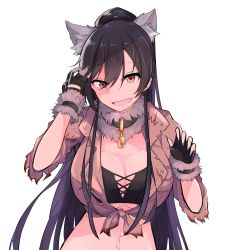 Rule 34 | 1girl, animal ears, bandeau, black gloves, black hair, breasts, brown jacket, cleavage, collar, dog tags, fang, fingerless gloves, fingernails, front-tie top, fur trim, gloves, hair between eyes, halloween costume, hanetsuka, high ponytail, highres, idolmaster, idolmaster shiny colors, jacket, large breasts, long hair, looking at viewer, navel, open clothes, open jacket, open mouth, orange eyes, sharp fingernails, shirase sakuya, simple background, smile, solo, swept bangs, tied jacket, underboob, upper body, very long hair, white background, wolf ears, wolf girl