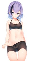 Rule 34 | 1girl, bike shorts, blue eyes, blush, breasts, clothes pull, cowboy shot, crotch seam, gluteal fold, groin, highres, kinukawa chinatsu, light smile, looking at viewer, multicolored hair, navel, original, otokuyou, purple hair, shorts, shorts pull, simple background, skindentation, small breasts, solo, sports bra, standing, streaked hair, sweat, thighs, two-tone hair, underwear, underwear only, wet, white background