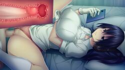 Rule 34 | 1boy, 1girl, bandages, bed, blue eyes, blue hair, breast hold, breasts, cellphone, censored, clothes lift, clothing aside, cross-section, expressionless, game cg, gloves, groin, hat, headphones, high ponytail, hikage eiji, hiramatsu (sakusei byoutou), holding, holding phone, indoors, kamitsurugi ouka, large breasts, legs, long hair, looking at phone, lying, missionary, mosaic censoring, nurse, nurse cap, on bed, original, panties, panties aside, penis, phone, pussy, sakusei byoutou, sex, skirt, skirt lift, spread legs, thighs, underwear, uniform, vaginal