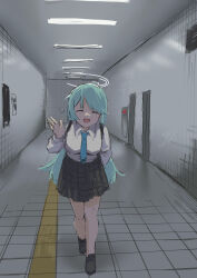 Rule 34 | 1girl, absurdres, aqua hair, blue archive, blue necktie, ceiling, ceiling light, closed mouth, facing viewer, hallway, halo, highres, indoors, leaning forward, long hair, mano eglu, necktie, open mouth, pleated skirt, school uniform, shirt, sketch, skirt, smile, solo, subway station, the exit 8, tile floor, tiles, walking, waving, white shirt, yume (blue archive)