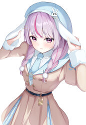 Rule 34 | 1girl, absurdres, aisu (88), animal ears, belt, black belt, blue hat, blue necktie, blush, braid, cattleya regina games, dress, hair ornament, hairclip, hat, highres, holding ears, jacket, long sleeves, looking at viewer, multicolored hair, necktie, open clothes, open jacket, pink hair, pout, puffy sleeves, purple eyes, purple hair, rabbit ears, shirt, short eyebrows, simple background, sleeves past wrists, solo, streaked hair, thick eyebrows, tosaki mimi, two-tone hair, virtual youtuber, vspo!, white background, white shirt