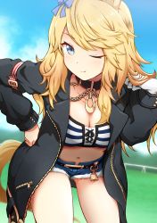 Rule 34 | 1girl, ;), animal ears, black collar, black jacket, blonde hair, blue bow, blue eyes, blue shorts, blue sky, blush, bow, breasts, chain, cleavage, closed mouth, collar, collarbone, commentary request, crop top, day, fur-trimmed shorts, fur trim, gloves, gold city (umamusume), hair bow, highres, horse ears, horse girl, horse tail, jacket, leaning forward, long hair, looking at viewer, medium breasts, midriff, navel, one eye closed, open clothes, open jacket, outdoors, puffy short sleeves, puffy sleeves, short shorts, short sleeves, shorts, single glove, sky, smile, solo, striped, tail, the dark, umamusume, v-shaped eyebrows, very long hair, white gloves