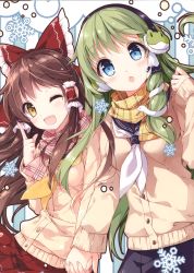 Rule 34 | 2girls, absurdres, blue skirt, blush, breasts, brown eyes, brown hair, buttons, coat, fingernails, frog hair ornament, hair ornament, hair tubes, hakurei reimu, hand up, highres, holding hands, index finger raised, interlocked fingers, kochiya sanae, long sleeves, medium breasts, mochizuki shiina, multiple girls, one eye closed, open mouth, pleated skirt, red skirt, scan, scarf, shiny skin, simple background, skirt, smile, snake hair ornament, snowflakes, touhou, upper body, winter clothes, winter coat