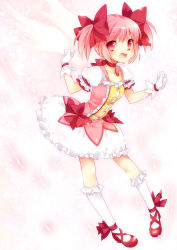 Rule 34 | 10s, 1girl, :d, bobby socks, bow, brooch, choker, ech, female focus, full body, gloves, gradient background, hair bow, highres, jewelry, kaname madoka, magical girl, mahou shoujo madoka magica, mahou shoujo madoka magica (anime), open mouth, pigeon-toed, pink eyes, pink hair, ribbon choker, short hair, short twintails, skirt, smile, socks, solo, twintails, white background, wings