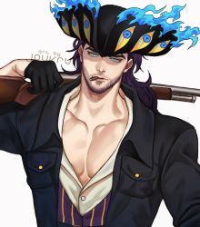 Rule 34 | 1boy, artist name, bara, bare pectorals, beard, belt, black gloves, black jacket, blue eyes, blue fire, blue jacket, buttons, character request, cigar, coat, collarbone, collared shirt, commission, copyright request, facial hair, fire, gloves, gun, hat, highres, holding, holding gun, holding weapon, jacket, jouvru, long hair, long sleeves, looking at viewer, pectoral cleavage, male focus, open clothes, original, pectorals, pinstripe pattern, purple hair, rifle, shirt, sleeves pushed up, smoke, smoking, solo, striped, stubble, upper body, watermark, weapon, white shirt