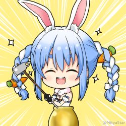 Rule 34 | 1girl, :d, ^ ^, animal ear fluff, animal ears, bare shoulders, black gloves, blue hair, blush, bow, braid, breasts, carrot hair ornament, cauldron, chibi, cleavage, closed eyes, commentary request, detached sleeves, don-chan (usada pekora), dress, food-themed hair ornament, fur-trimmed gloves, fur trim, getting over it, gloves, hair between eyes, hair bow, hair ornament, hammer, hololive, in cauldron, in pot, mitya, multicolored hair, open mouth, pot, puffy short sleeves, puffy sleeves, rabbit ears, short eyebrows, short sleeves, sledgehammer, small breasts, smile, solo, sparkle, strapless, strapless dress, thick eyebrows, twin braids, twintails, twitter username, two-tone hair, usada pekora, usada pekora (1st costume), virtual youtuber, white bow, white dress, white hair, white sleeves