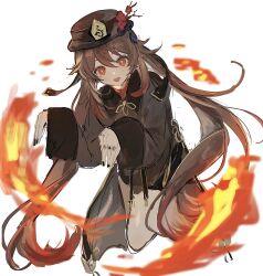 Rule 34 | 1girl, absurdres, bare legs, black nails, black shorts, brown hair, chinese clothes, chinese hat, fingernails, fire, floating, flower, flower-shaped pupils, from side, full body, genshin impact, hair between eyes, hair over shoulder, hat, hat flower, head tilt, highres, hu tao (genshin impact), jewelry, legs together, long hair, looking at viewer, multiple rings, nail polish, nokoru sora, open mouth, parted bangs, plum blossoms, red eyes, red flower, red shirt, ring, shirt, short shorts, shorts, sidelocks, simple background, sleeves past wrists, smile, solo, star-shaped pupils, star (symbol), symbol-shaped pupils, tassel, thighs, top hat, twintails, very long hair, very long sleeves, white background, wide sleeves
