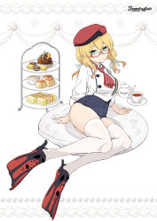 Rule 34 | 1girl, aka ringo, beret, black one-piece swimsuit, black tea, blonde hair, blue eyes, breasts, cake, chef, closed mouth, cup, food, full body, glasses, hat, highres, i-8 (kancolle), kantai collection, large breasts, long hair, long sleeves, macaron, one-piece swimsuit, red-framed eyewear, red hat, sandwich, semi-rimless eyewear, shirt, smile, solo, swimsuit, swimsuit under clothes, tea, thighhighs, webbed feet, white shirt, white thighhighs