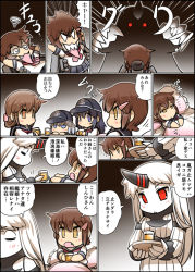 Rule 34 | 10s, 5girls, abyssal ship, akatsuki (kancolle), black hair, brown eyes, brown hair, claws, comic, cup, drinking glass, fang, folded ponytail, futon, grey eyes, hat, hibiki (kancolle), hisahiko, horns, ikazuchi (kancolle), inazuma (kancolle), jitome, kantai collection, md5 mismatch, multiple girls, open mouth, pillow, pleated skirt, red eyes, school uniform, seaport princess, serafuku, shirt, single horn, skirt, translation request, tray, under covers, waking up, white hair