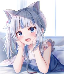 Rule 34 | 1girl, :d, animal ear fluff, animal ears, blue dress, blue eyes, blue hair, blunt bangs, blush, cat ears, commentary request, dress, gawr gura, gawr gura (casual), hands on own cheeks, hands on own face, head rest, highres, hololive, hololive english, indoors, long hair, looking at viewer, lying, multicolored hair, official alternate costume, on stomach, open mouth, sharp teeth, shishou (doragyurosu), side ponytail, smile, solo, streaked hair, teeth, under covers, upper teeth only, virtual youtuber, white hair, window